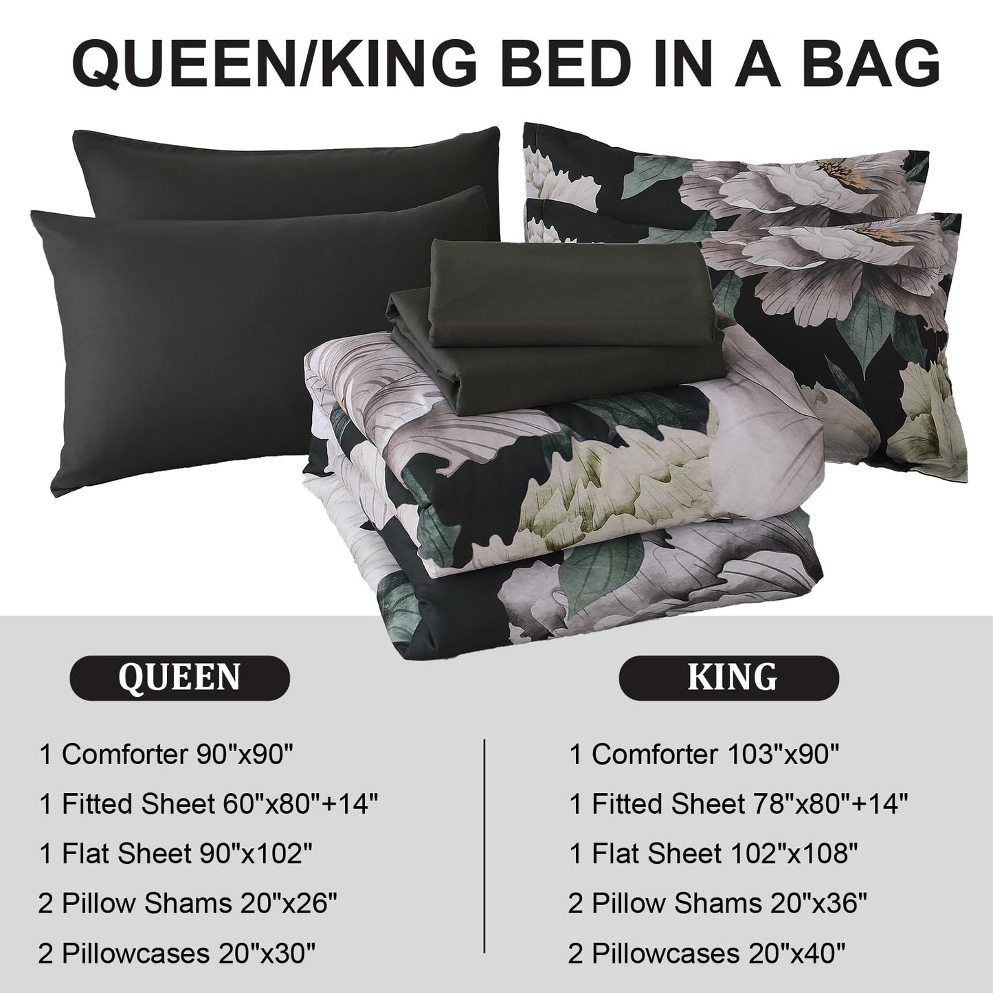 Dobuyly Black Comforter Set Queen 7 Piece Bed in a Bag, Floral Comforter Set with Sheets, Soft Microfiber Botanical Flower Bedding Set for All Season