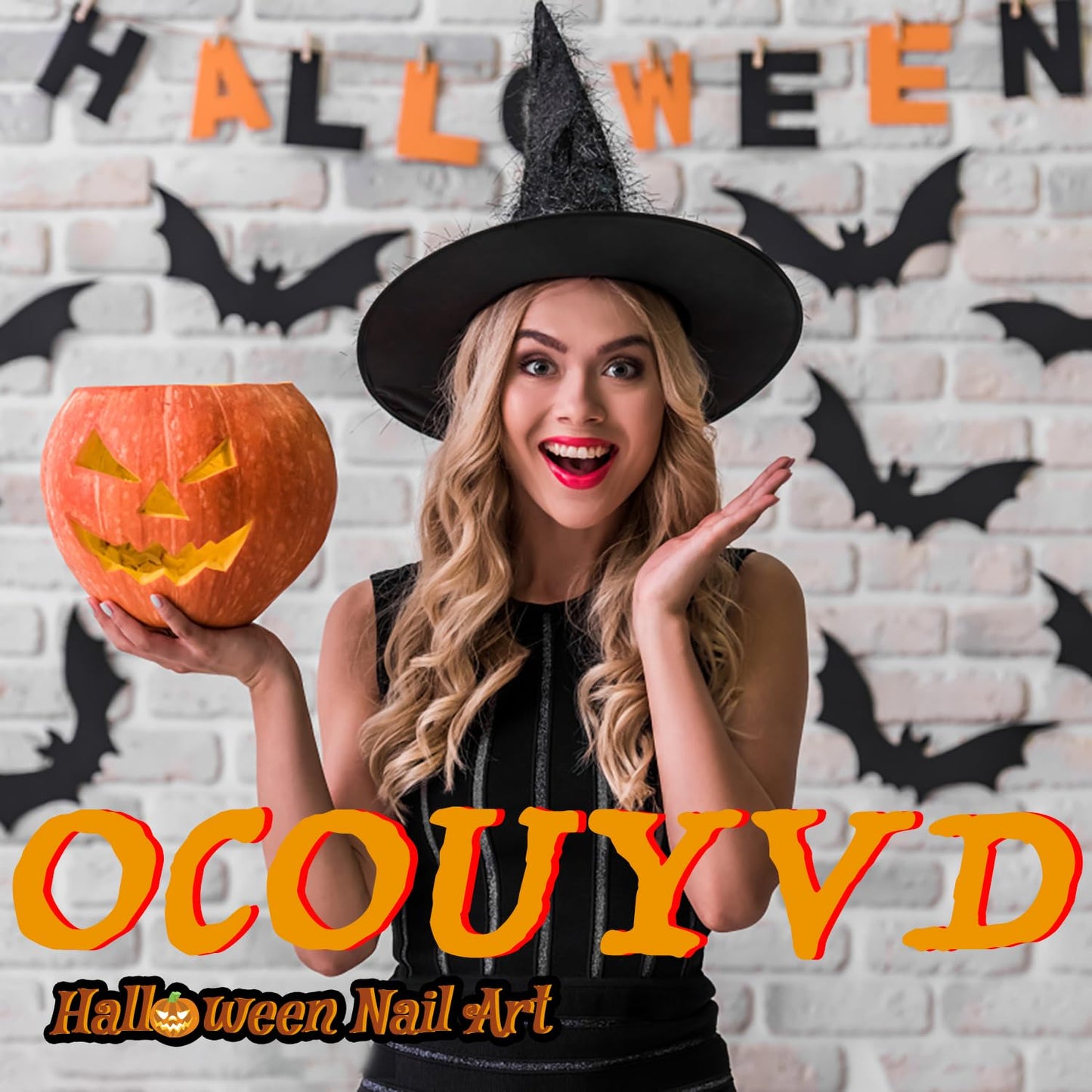 Halloween Press on Nails Handmade 3D Cute Little Ghost & Pumpkin Fake Nails Design Muti-Layer Gel Acrylic Nail Glitter Stick on Nails Full Cover Short Almond Black French False Nail for Women (Size M)