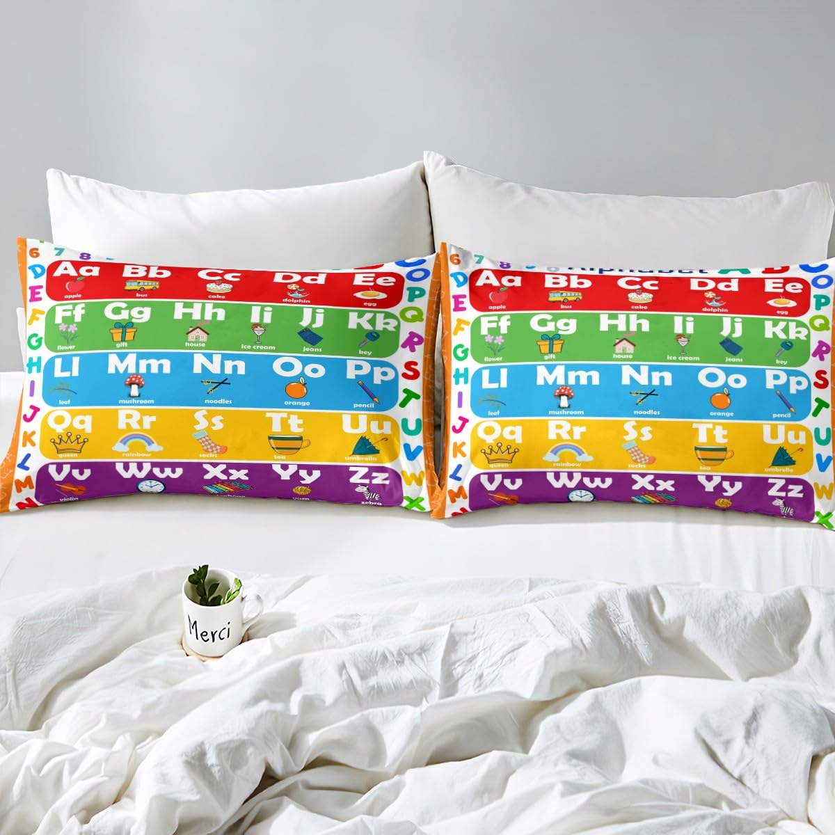 ABC Alphabet Bed Sheet Set Twin Size, Learning Alphabet Fitted Sheet Kids Toddler Educational Bedding Set Word Educational Bed Cover (1 Pillow Case and a Fitted Sheet)
