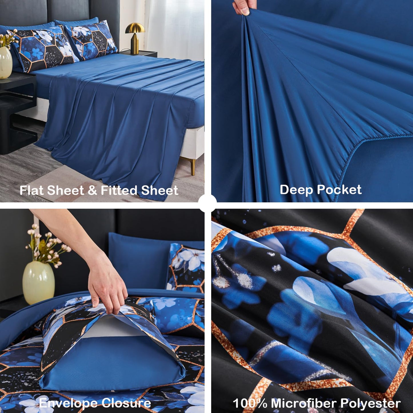 ANGIYUIN 7 Pieces Blue Black Full Size Bedding Sets Marble Comforter Set White Floral Bedding Comforter Sets Gold Geometric Bed in A Bag with Sheets for Women Men