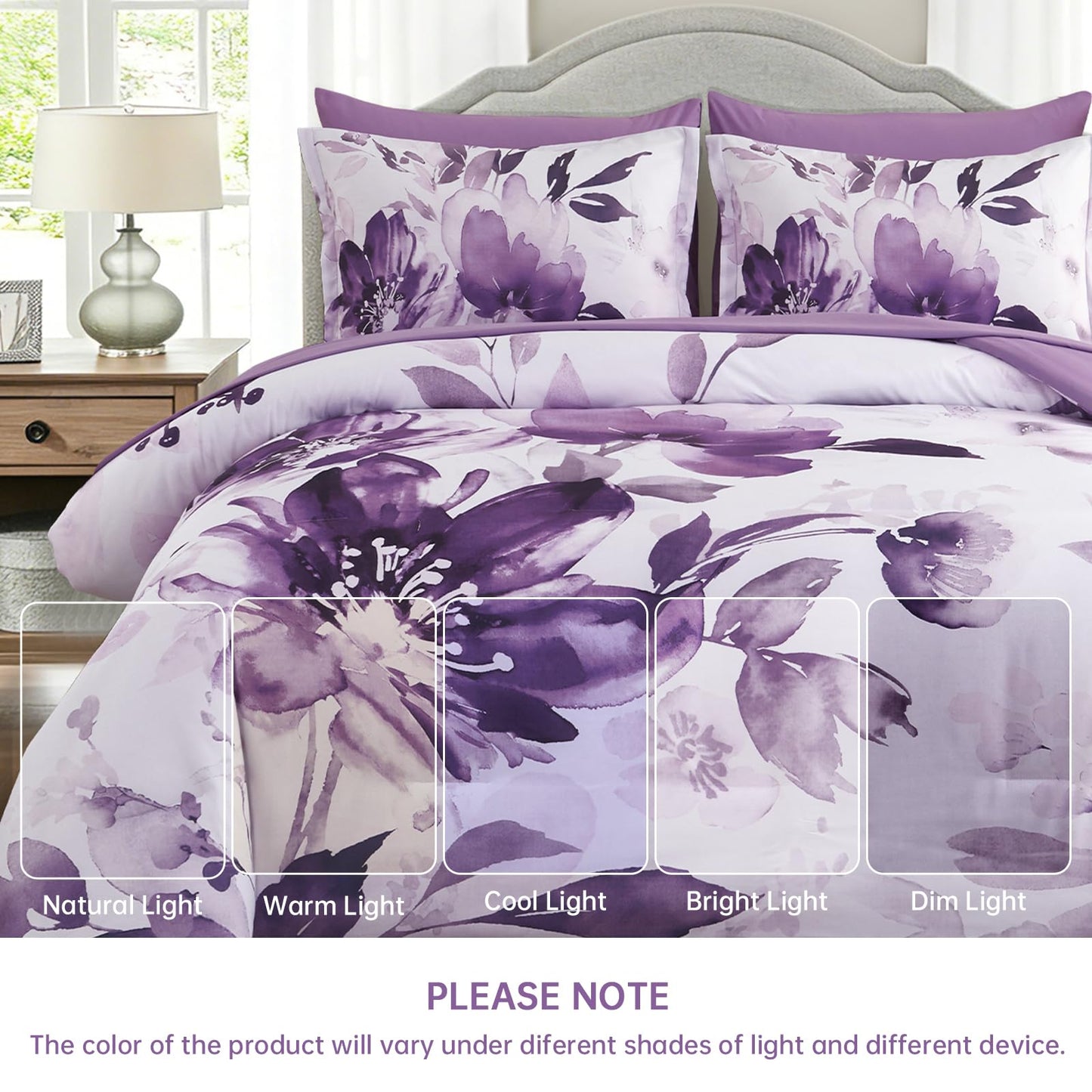 Luxudecor Floral Comforter Set Queen Size, 7 Piece Purple Flower Set Bed in a Bag,Soft Microfiber Farmhouse Shabby Chic Bedding Set for All Seasons(90"x90")