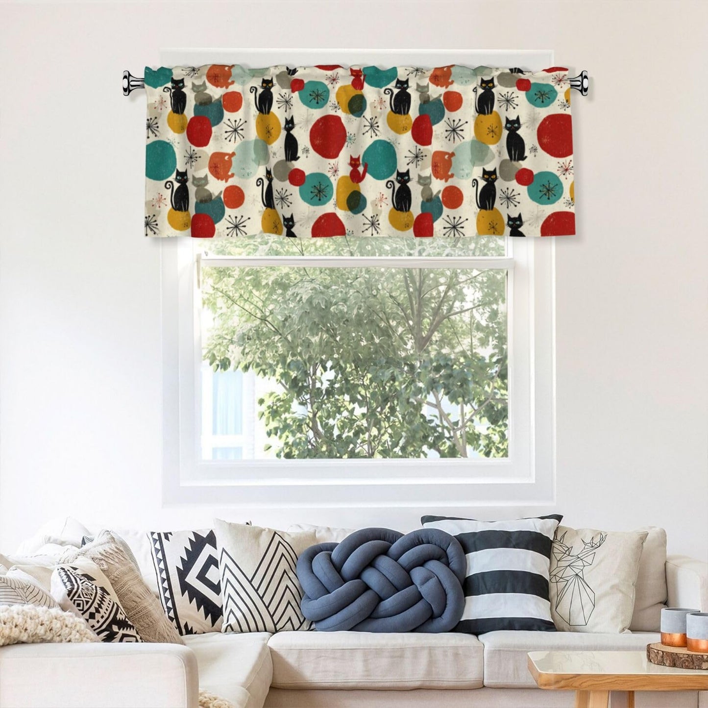 Ecixzyo Cat Mid Century Valance Curtain Window Valance Treatment Decor Small Window Curtains for Bedroom Kitchen Bathroom Living Room 1 Panel 54x18in