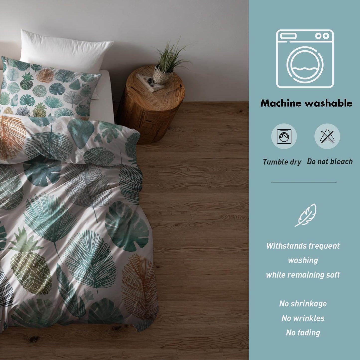 Monstera Palm Leaf Full Duvet Cover Set 3 Piece, Watercolor Tropical Leaves Reversible Bedding with 2 Pillow Shams, Zipper & Ties, Ultra Soft Microfiber, Leaf Bedroom Decorations 44A-K