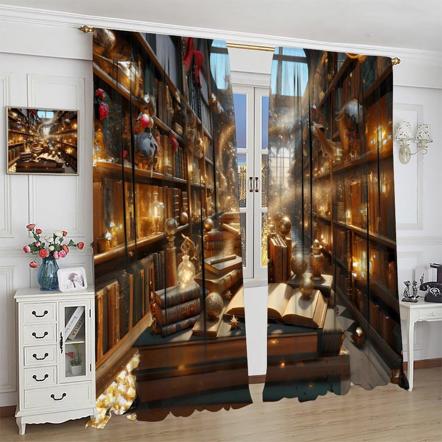 Nsbul Magical Wizarding Library Curtains, Retro Mid Century Books Bookshelf Fantastic Window Treatment for Bedroom Living Room Office Study Decor, 42" W X 45" L(No Blackout)