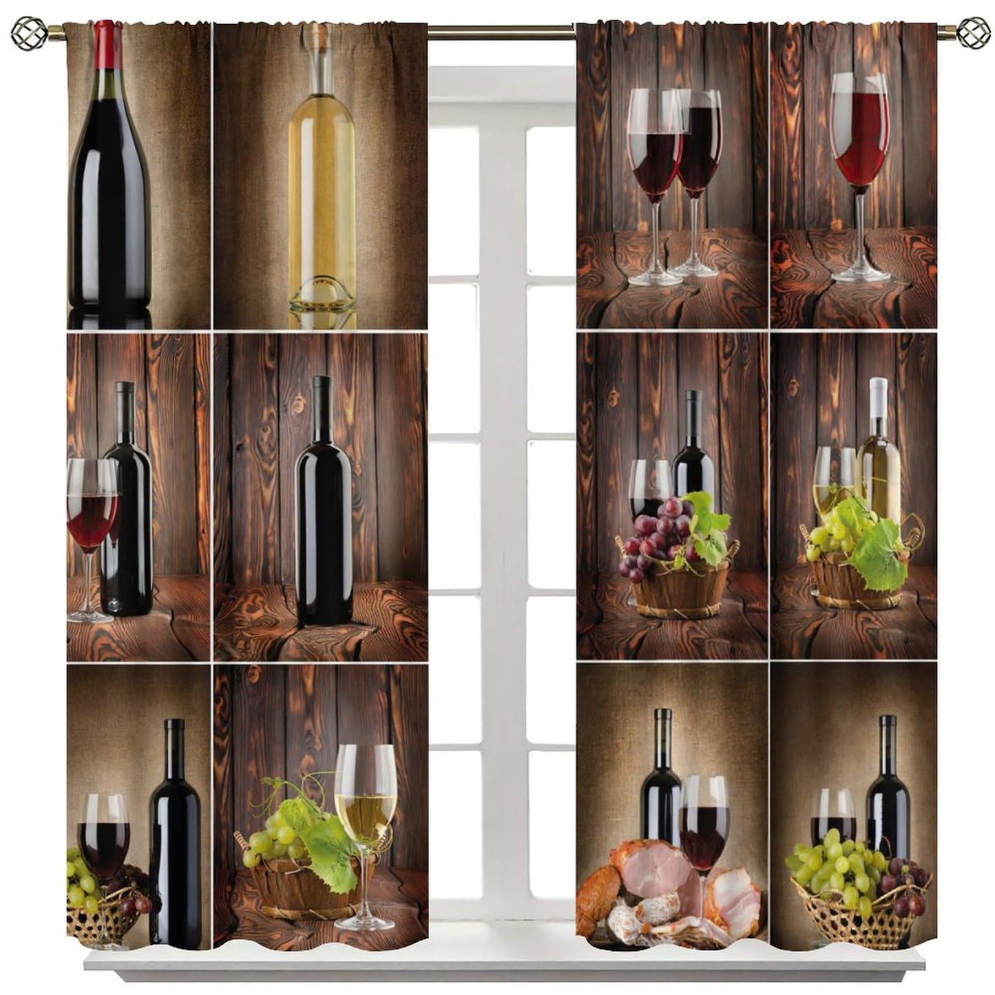 BenYaSong Wine Decor Window Curtain Wine Themed Collage on Wooden Backdrop with Grapes and Meat Rustic Country Drink for Home Kitchen Livingroom Coffee Room Window Curtain Drapes 2 Panels 42x45 Inch