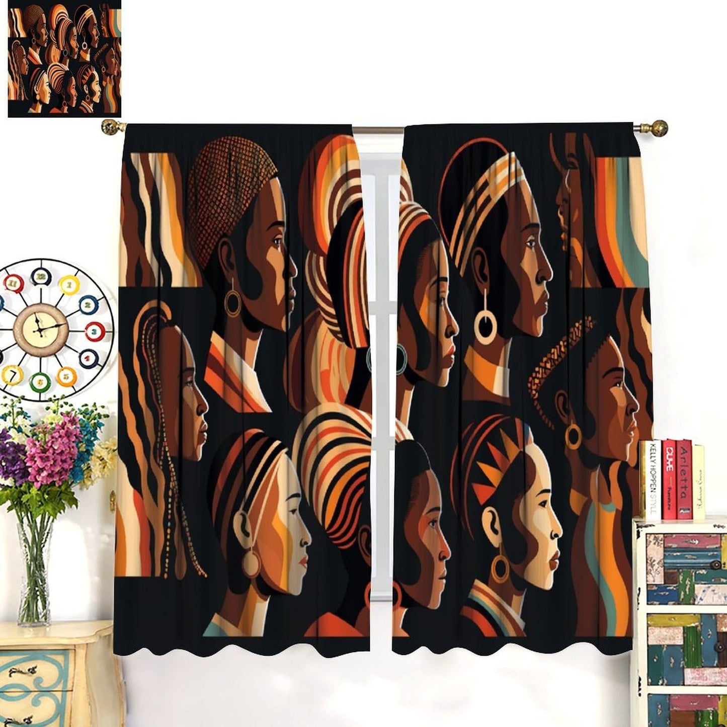 FAOTELY African Women Curtains Boho Mid Century Tropical Window Drapes for Kids Bedroom Living Room Classroom Kitchen Cafe Decor (W21xL45 Inch) x2 Panels