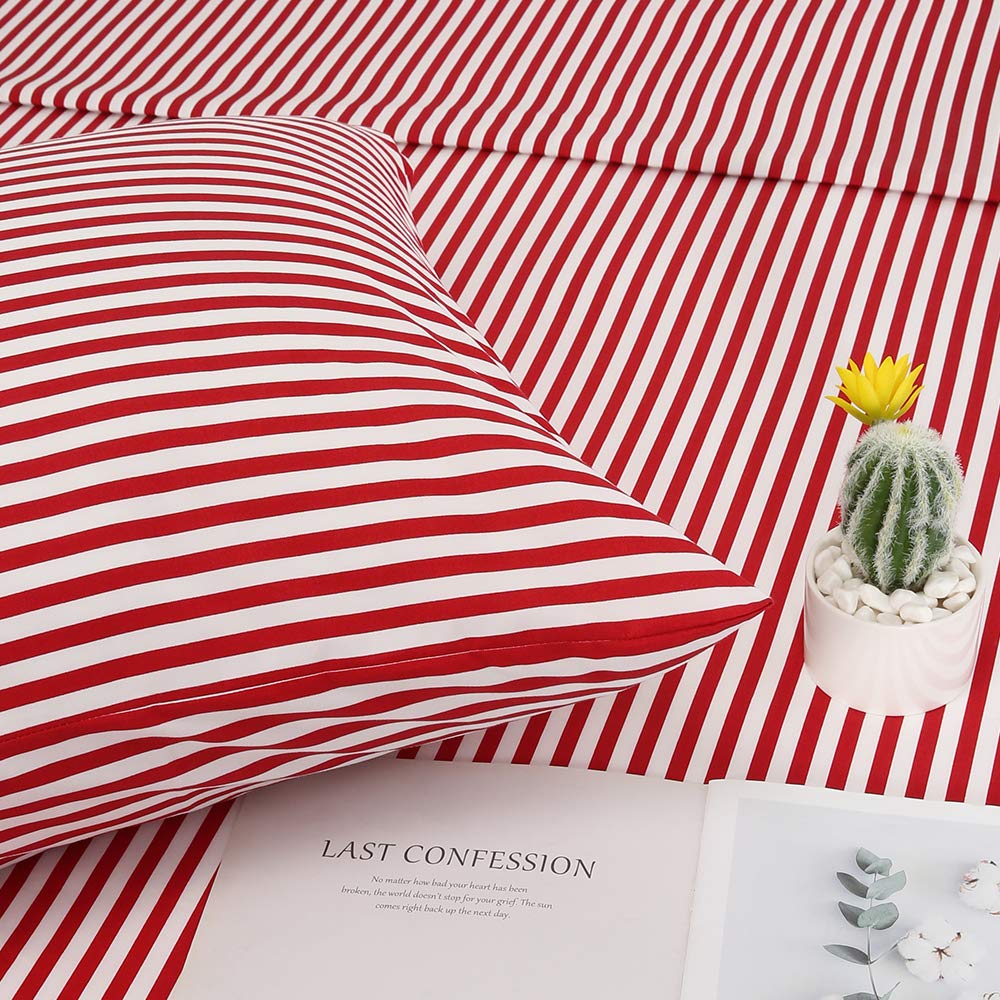 Best Season Ticking Stripe Sheet Set,4 Piece Queen Size Microfiber Bedding,Burgundy Red and White Pinstripe Patterned,Deep Pocket
