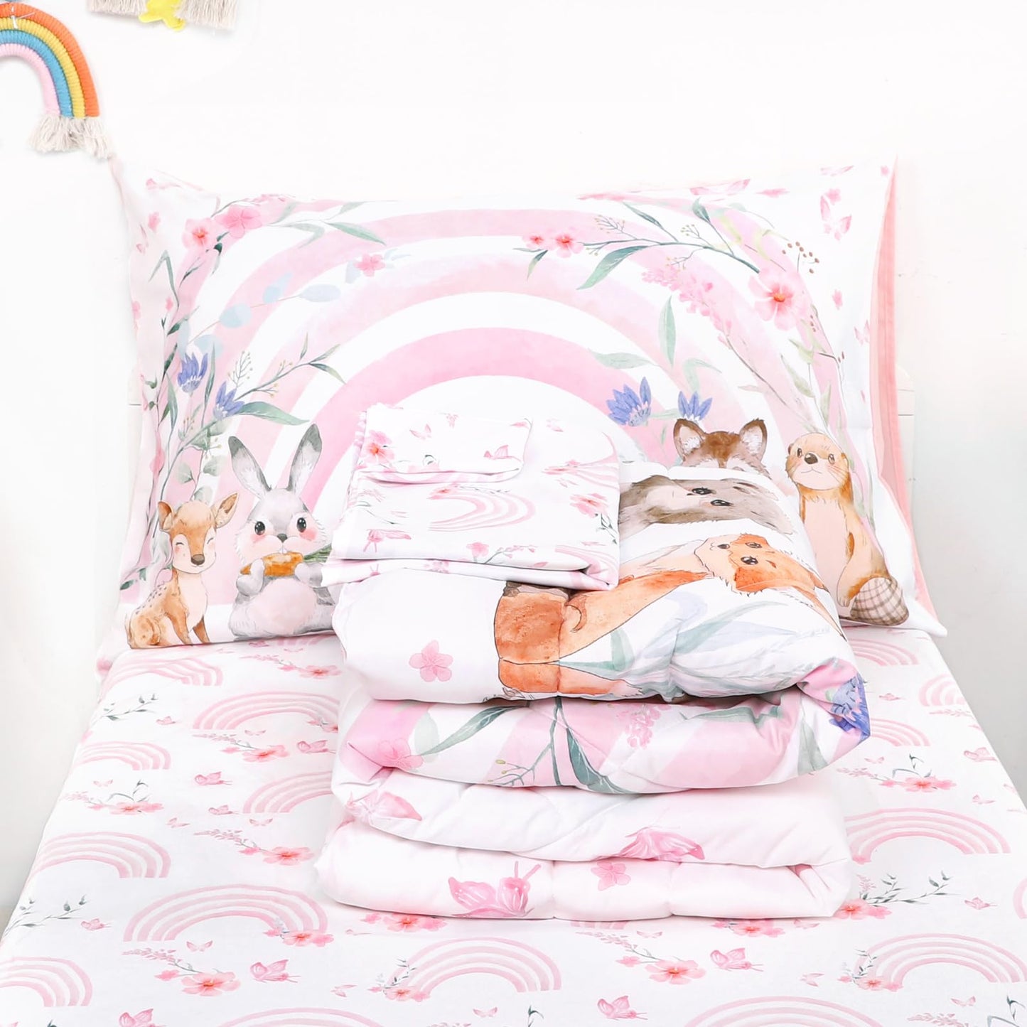 Hooyax Toddler Bedding Set for Girls - 4 Piece Rainbow Toddler Comforter Set Includes Fitted Sheet, Comforter, Pillowcase & Flat Sheet - Soft Comfort Microfiber for All Seasons