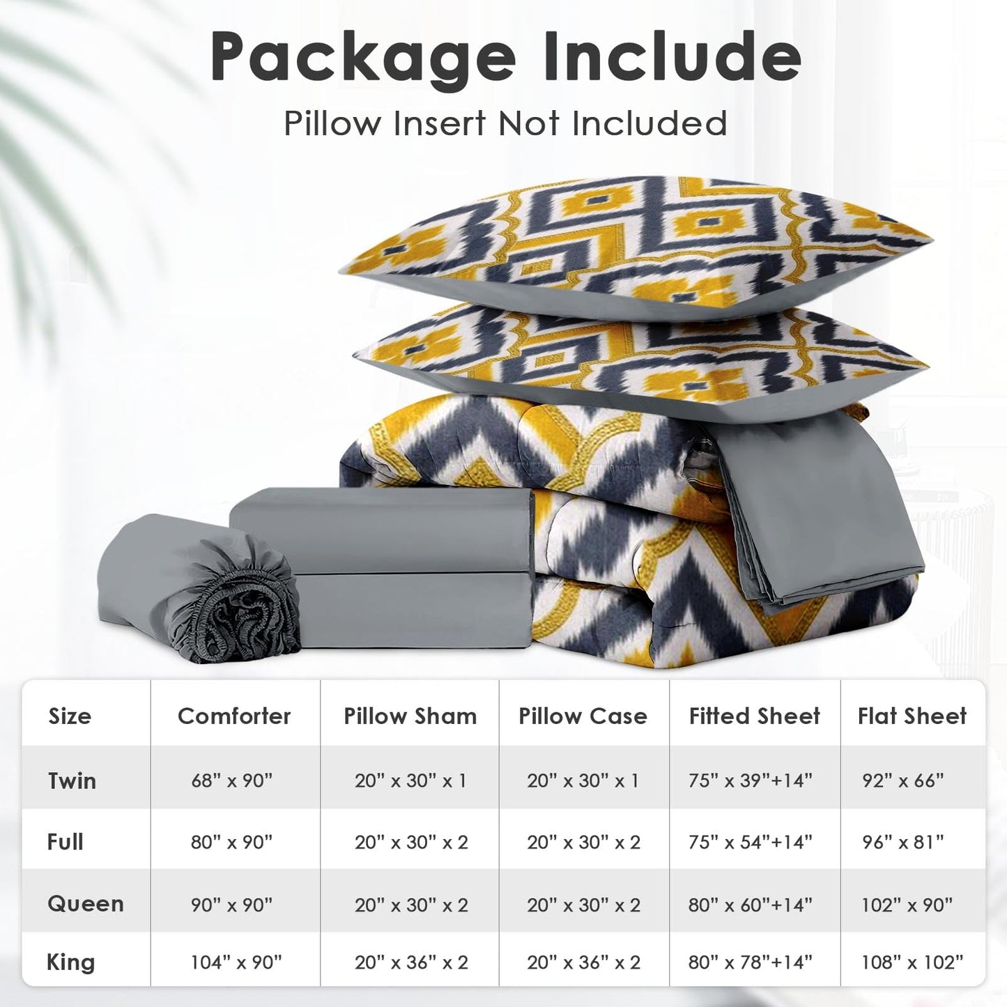 Boewywh Comforter Set Twin Size Geometric Yellow Gold 7 Pcs, Bedding for Kids and Adults, Grey Boho Bed Sheet Sets with Fitted Sheet 2 Pillowcases & 2 Shams for Bedroom Bed Decor