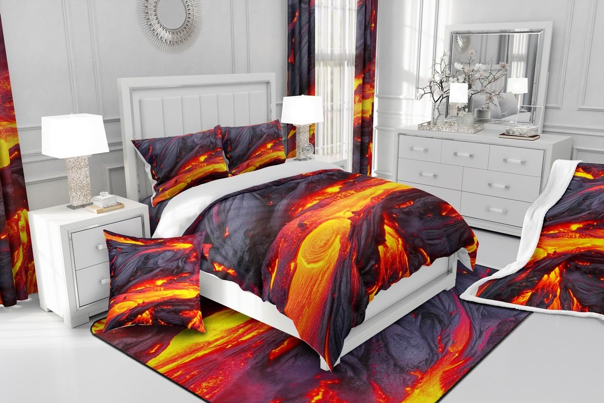Volcano Bedding Set King 3 Pieces Disaster Printed Pattern Red Yellow Comforter Set Lava Duvet Cover For Adult Boys Men Teen Bedspread With Zipper Ties 1 Duvet Cover +2 Pillowcases, No Comforter