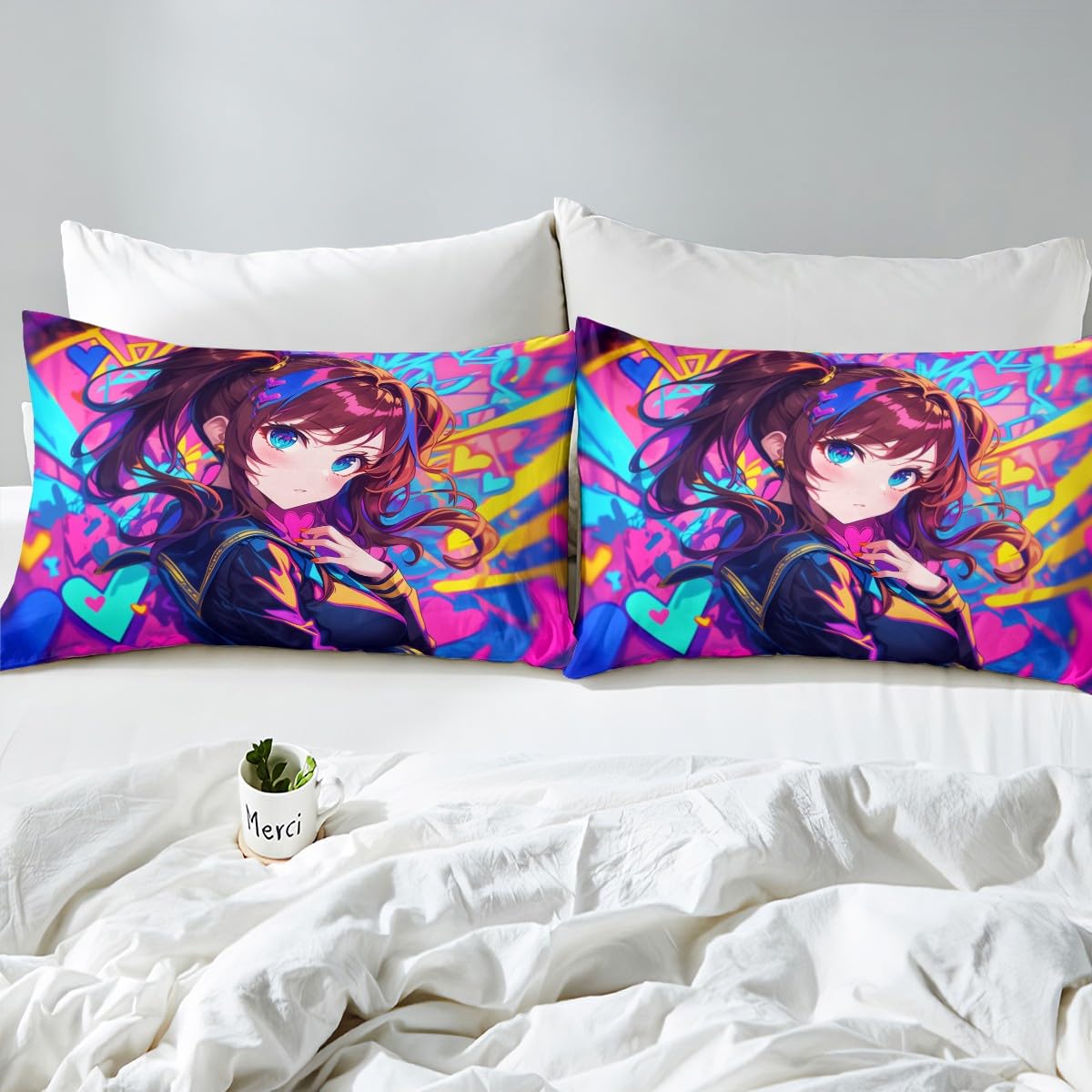 Erosebridal Anime Girl Queen Fitted Sheet, Japanese Anime Bed Sheets for Kids Girls Teens Adult Bedroom, Cartoon Girl Bedding Set Kawaii Japanese Animation Sheets 3 Piece, Purple