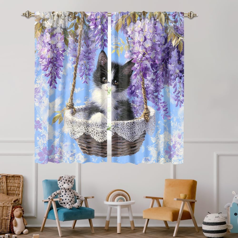 XSUPFLYM Beautiful Vintage Oil Painting Cat Privacy Perforated Curtains Rustic Abstract Spring Garden Plant Lilac Flowers Animal Kitten Curtains Top Grommets Window Treatment 2 Panels 21" W x 45" L