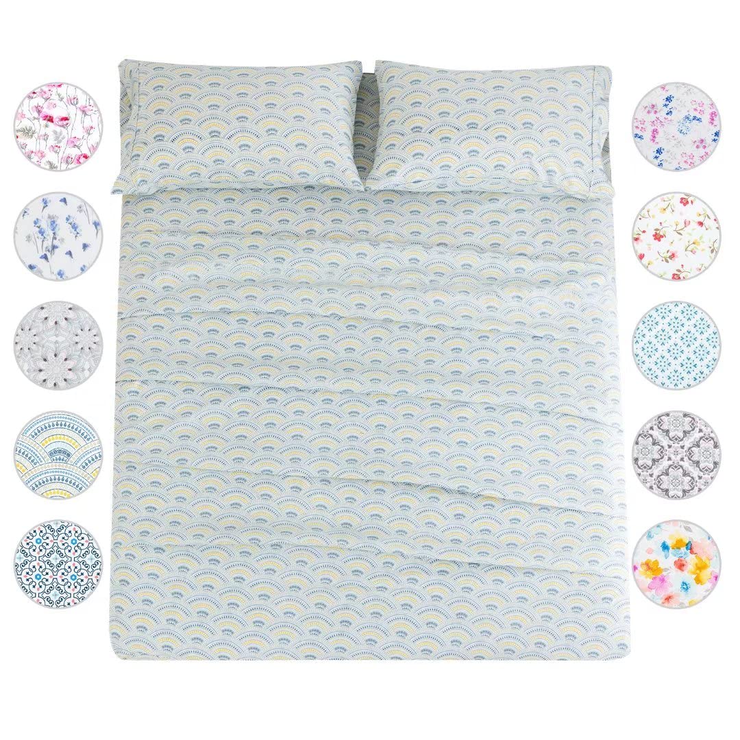 KACEMOO California King Sheet Set 4PC Boho Sheets Pattern Blue Printed Sheets Floral Bed Sheet Cooling Soft 17”Deep Pocket Microfiber Brushed Sheet, Easy Care, Breathable, Wrinkle Free Bed Sheet Set