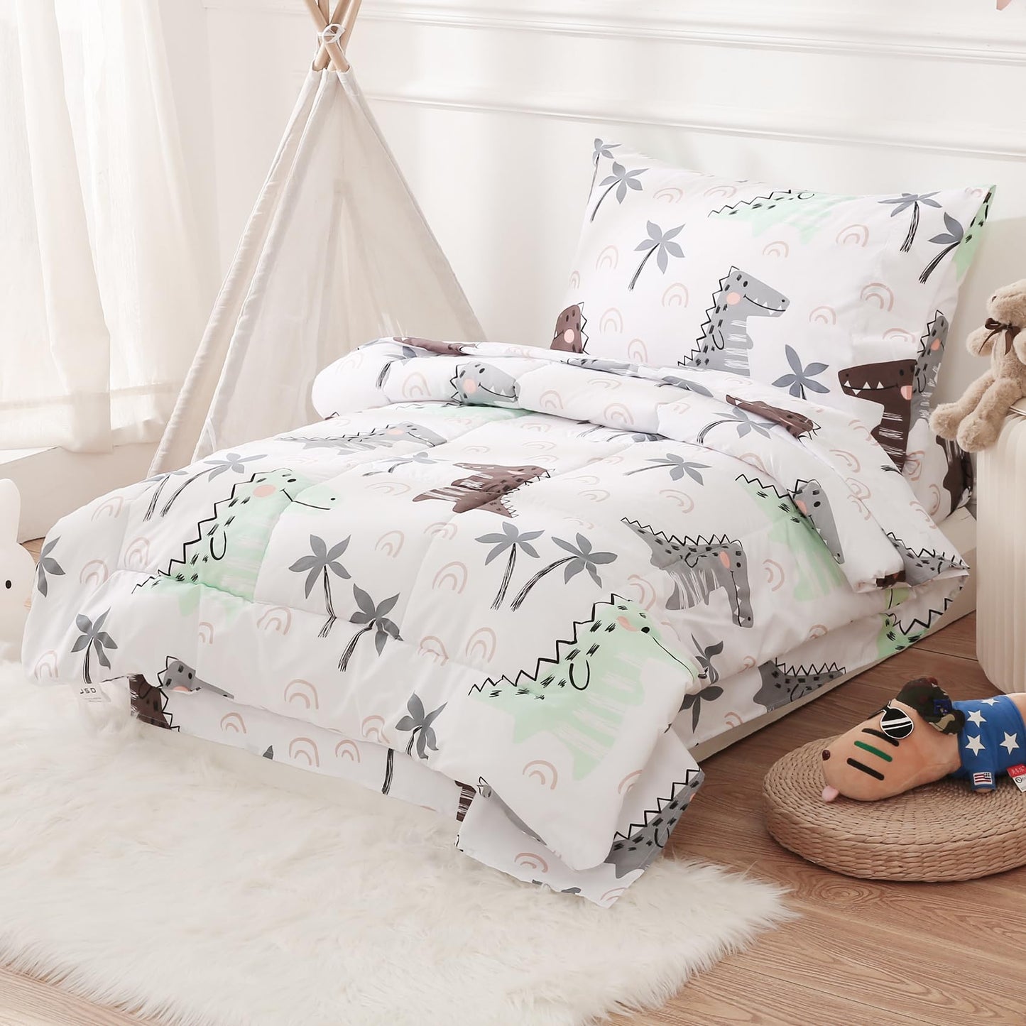 JSD Dinosaur Toddler Bedding Set, 4 Piece Bed-in-a-Bag Comforter Sheet Set, Machine Washable