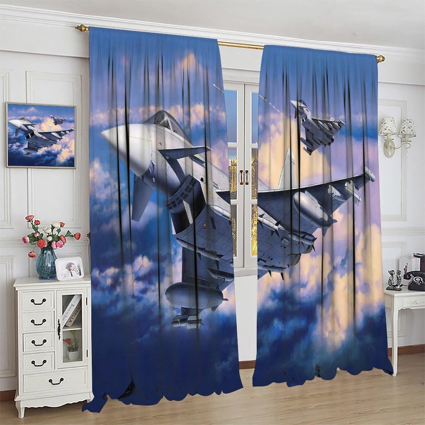 VUMIVI Fighter Jet Curtains European Combat Aircraft Typhoon Rafale Soaring 3D Close-Up Military Theme Rod Pocket Window Treatments for Boys Bedroom Kitchen Living Dining Room Office 42" W X 44.5" L