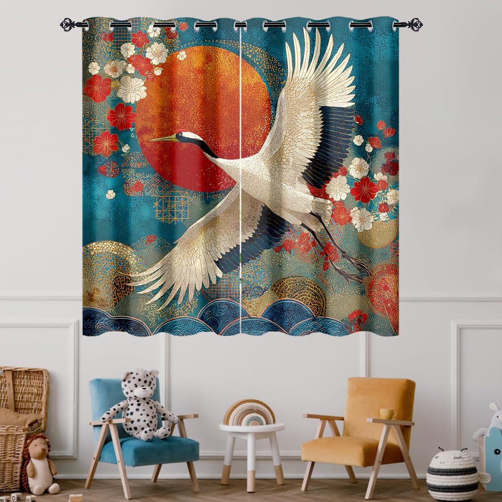 XSUPFLYM Colorful Abstract Japanese Crane Window Perforated Curtains Beautiful Red Sun Animal Crane Cherry Blossom Thermal Curtains Suitable for Bedroom Living Room 2 Panels.Each 21" W x 54" L