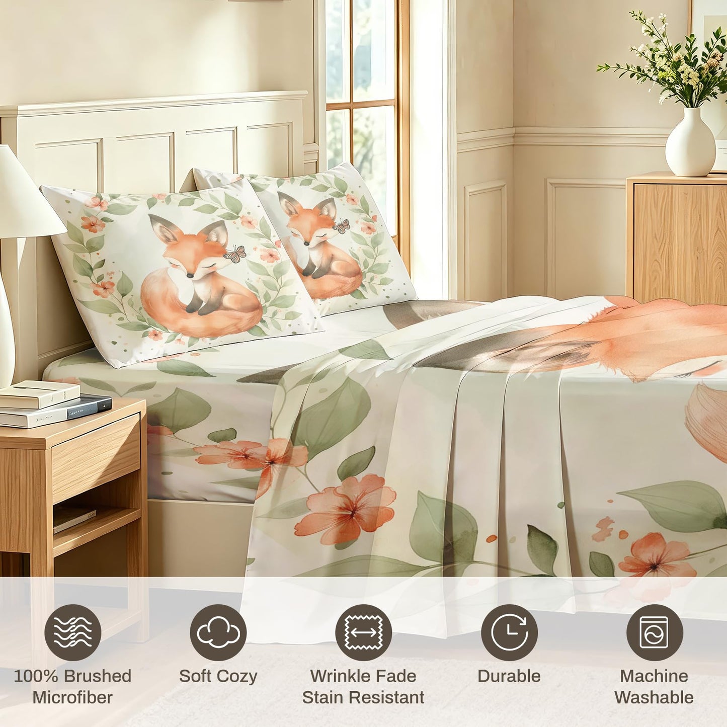 Fox Twin Sheet Set Butterfly Leaf Flat Fitted Sheet Sets