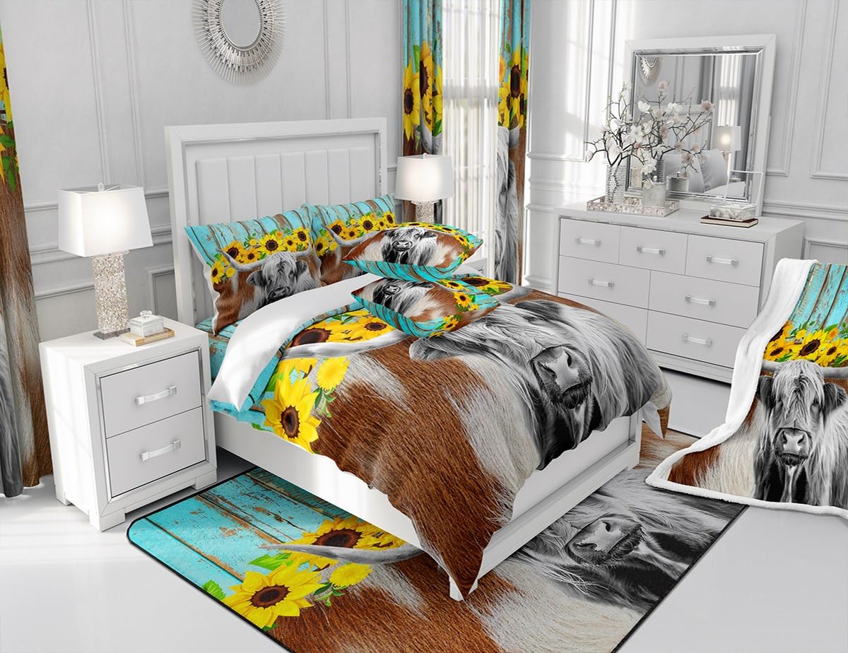 Manfei Cattle Comforter Set Twin Size, Brown White Cow Print Quilt Set with 1 Pillowcase, Yellow Flower Bedding Set 2pcs for Kids Boys Girls Room Decor, Rustic Blue Plank Duvet Insert