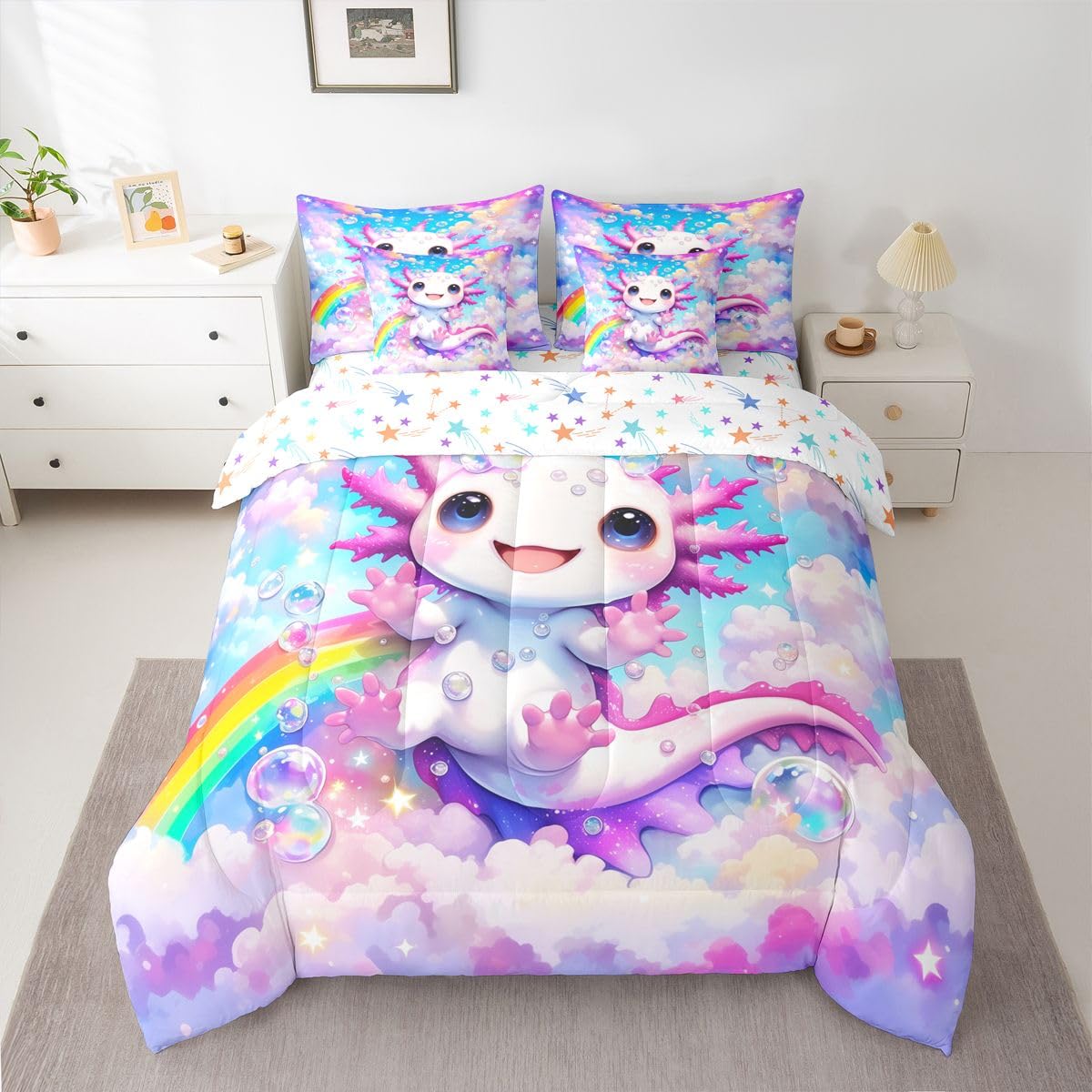 Girls Cute Axolotl Queen Bedding Set Kids Cartoon Axolotl Comforter Set with Flat and Fitted Sheet for Preteen Teens Galaxy Cloud Blue Sky 7-Piece Bed in a Bag Princess Dreamy Rainbow Quilt Sets