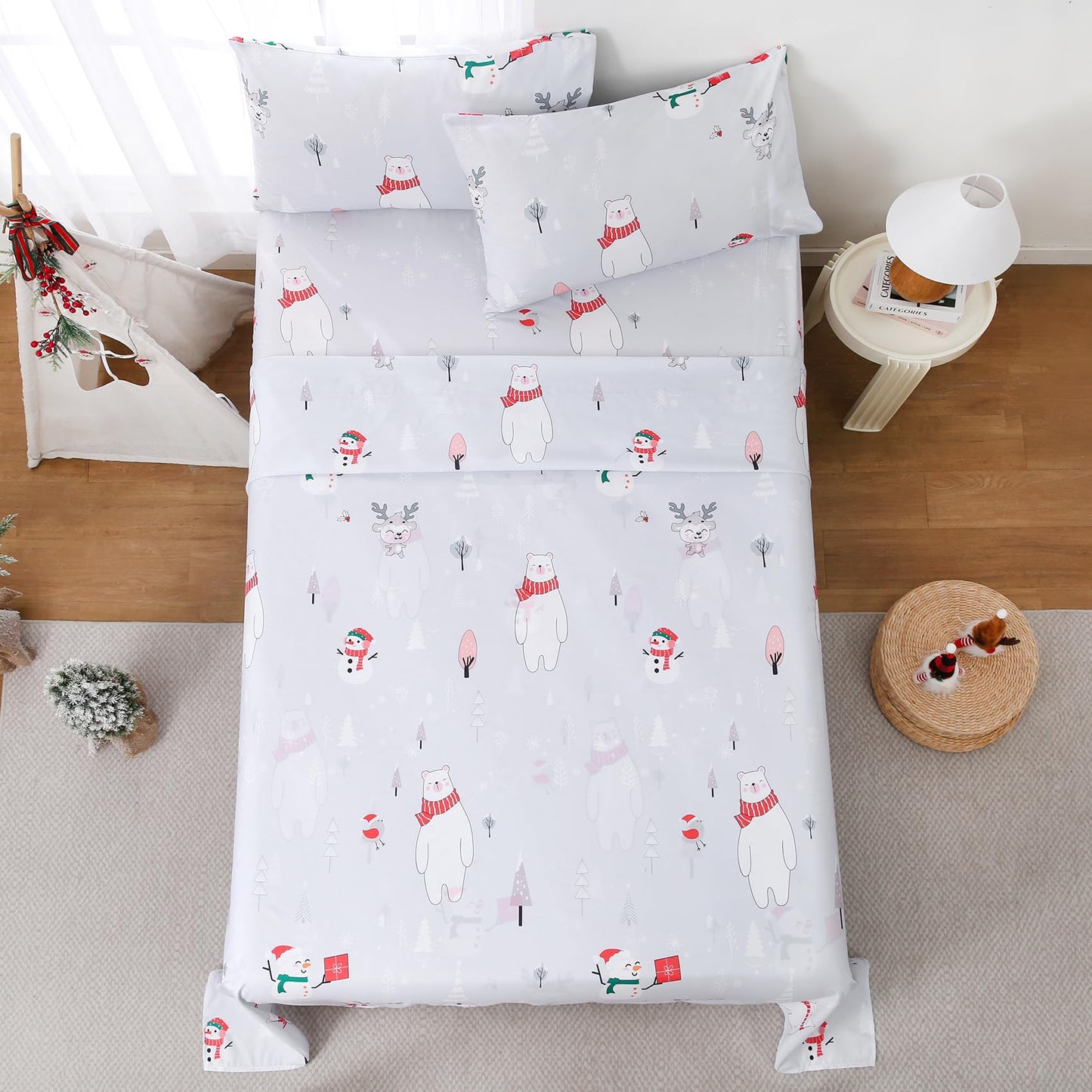 Yibeizi Kids Christmas Sheets Twin, Light Grey Bear Snowmen Printed Sheet Set for Boys Girls, Cute Microfiber Bedsheets Deep Pocket Bed Sheet & Pillowcase Sets 3 Pieces