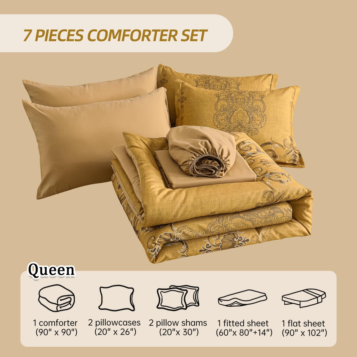 Mybedsoul Gold Queen Comforter Set, 7 Pieces Boho Bed in a Bag for Queen Bed, Damask Comforter with Sheets Pillowcases, Soft Microfiber Lightweight Bedding Sets for All Season(90"x90")