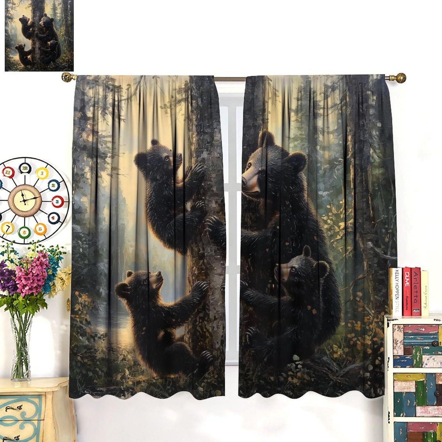 LOMADIA Bear Blackout Curtains, Retro Funny Forest Animal Woodland Wildlife Pattern Drapes, Black Bear Window Treatments Curtain for Kitchen Bedroom Living Room Home Decor 42" W x 45" L