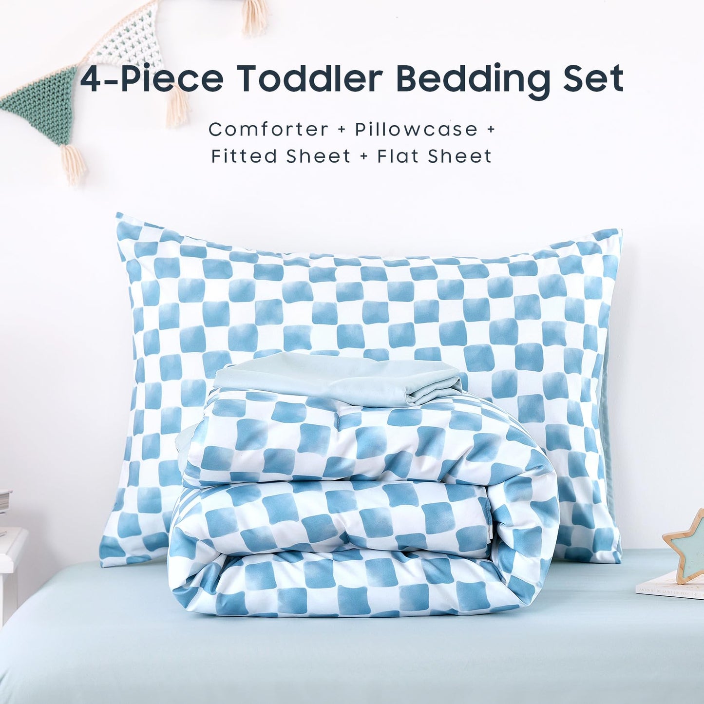 Wake In Cloud - Toddler Bedding Set for Boys Girls, Cute Gingham Grid Checkered, 4 Pieces Soft Crib Bed Set Including Comforter, Sheets and Pillowcase, Blue White