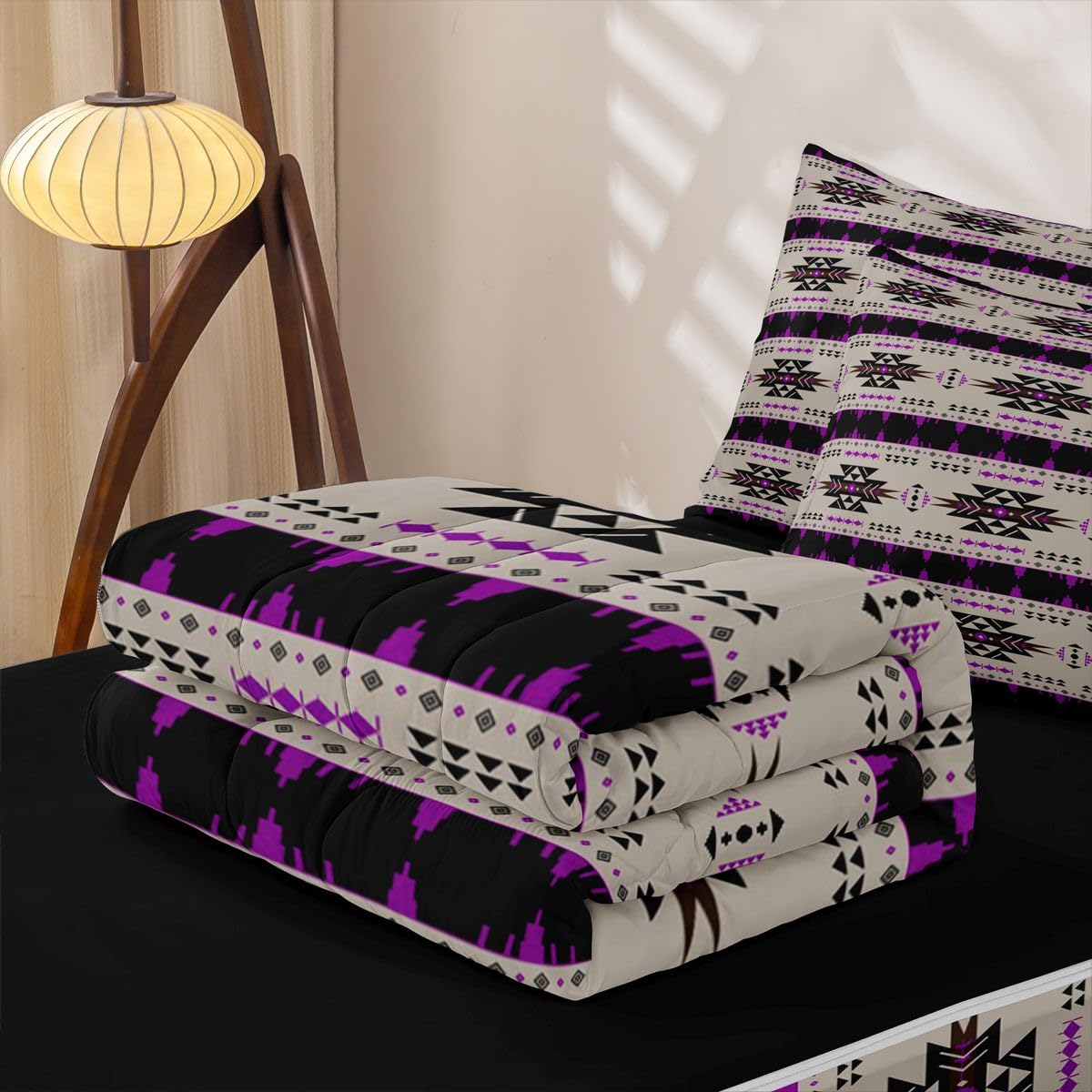 Vintage Exotic Geometric Zipper Bedding Set Queen Zip Up Bedding Western Ethnic Tribal Arrow Comforter Set African Tribal Sriped Triangle Bed in a Bag Brown Purple Bed Set with Comforter and Sheets