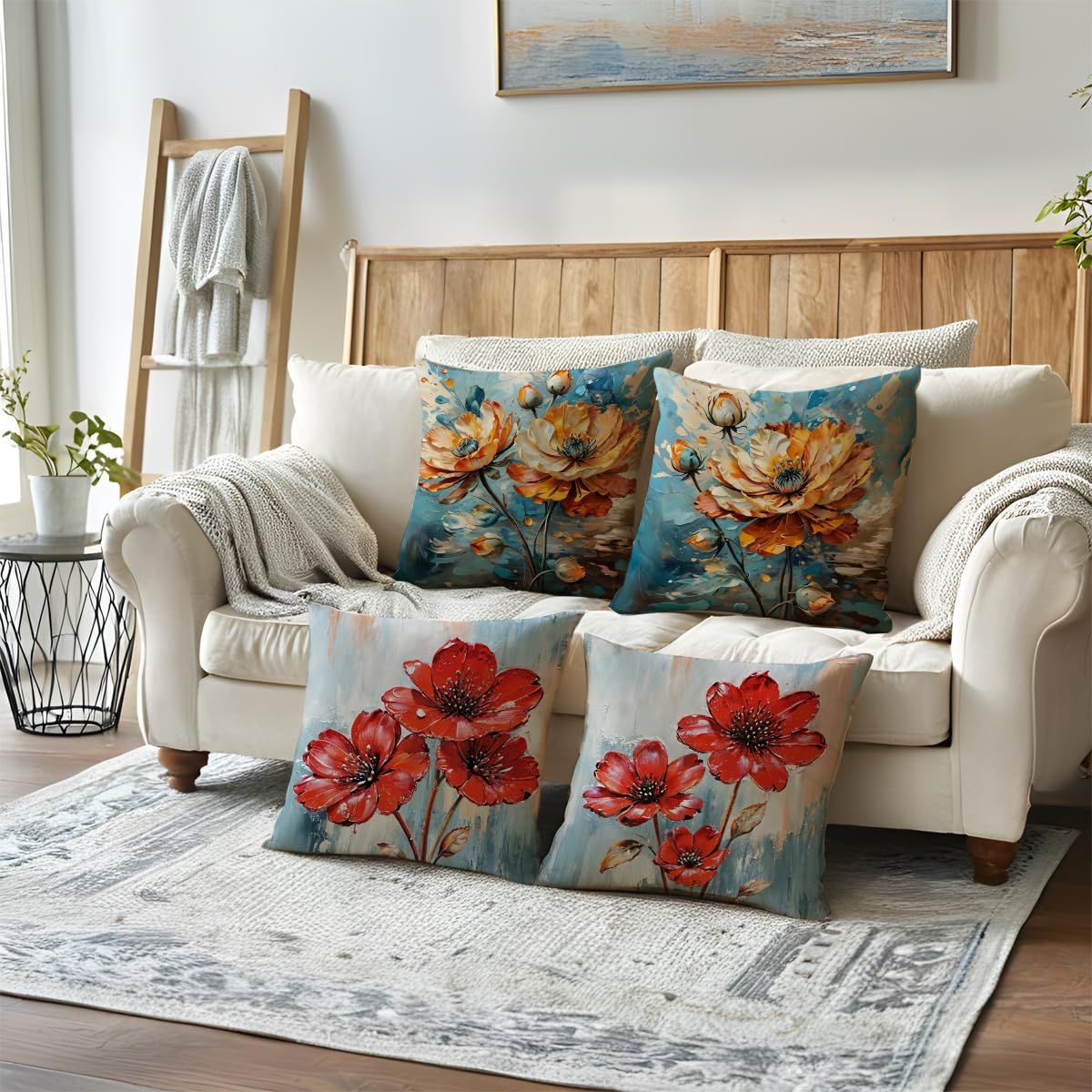 2Pack Flowers Decorative Pillow Covers Modern Orange Poppy Design Cushion Covers Oil Painting Pretty Floral Pillowcases 18 x 18 Inch Farmhouse Spring Summer Decorations (Orange/Blue)