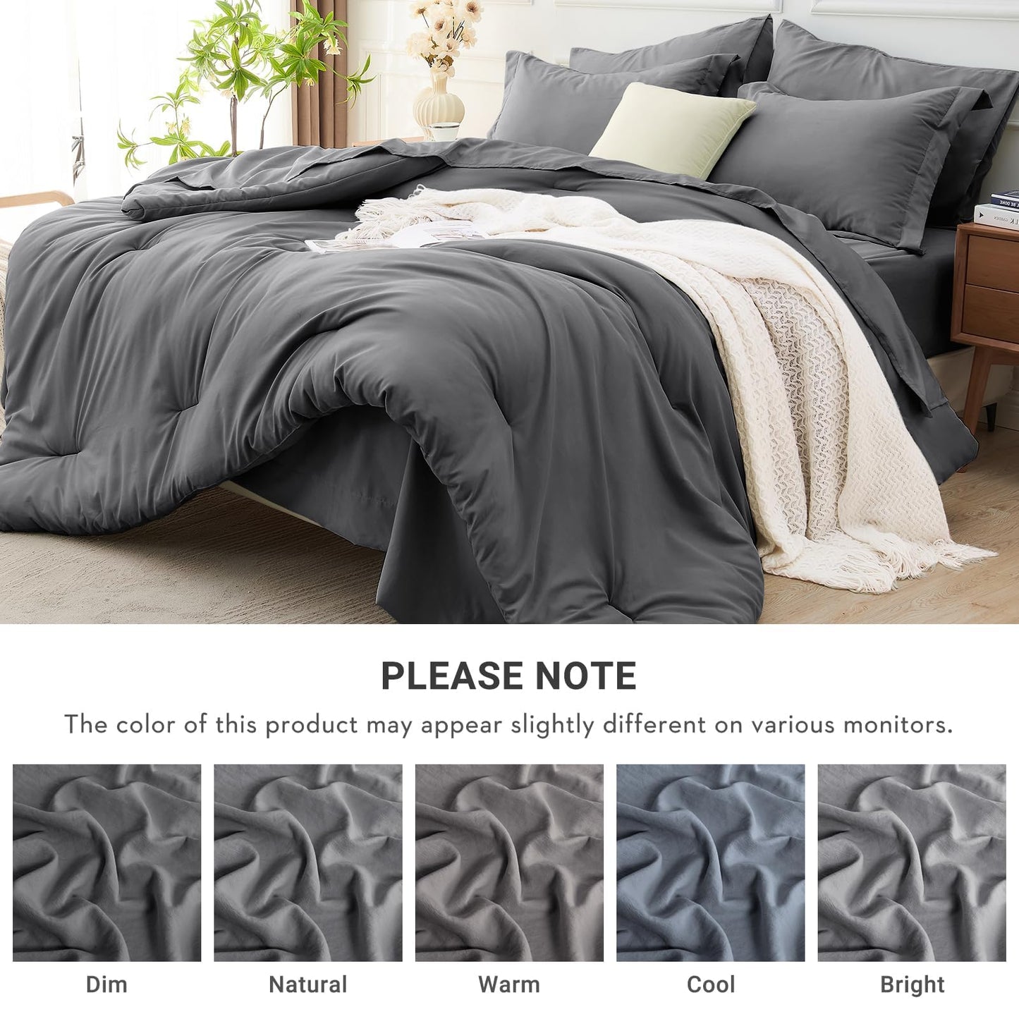 MUXHOMO 7 Pieces King Comforter Set, Soft Bed in a Bag King Size, All Season Bedding Set with Comforter, Flat Sheet, Fitted Sheet, Pillowcases & Shams, Dark Grey