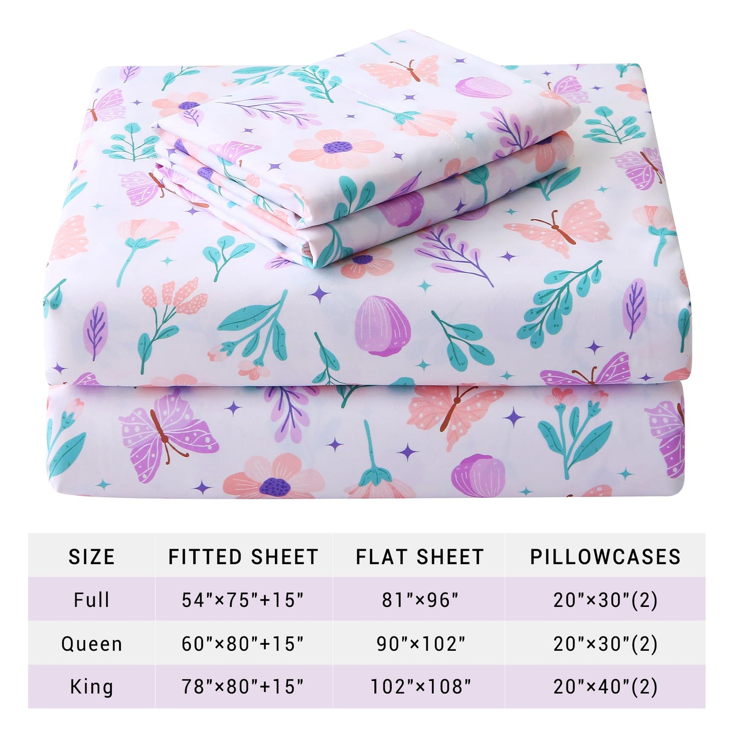 Viviland Floral Twin Sheet Set - 3 Piece Pink-Purple Butterfly & Flower Botanical Patterned Bed Sheets - Soft, Breathable Microfiber Sheets with Deep Pocket, Non-Slip Fitted Sheets & Pillowcases