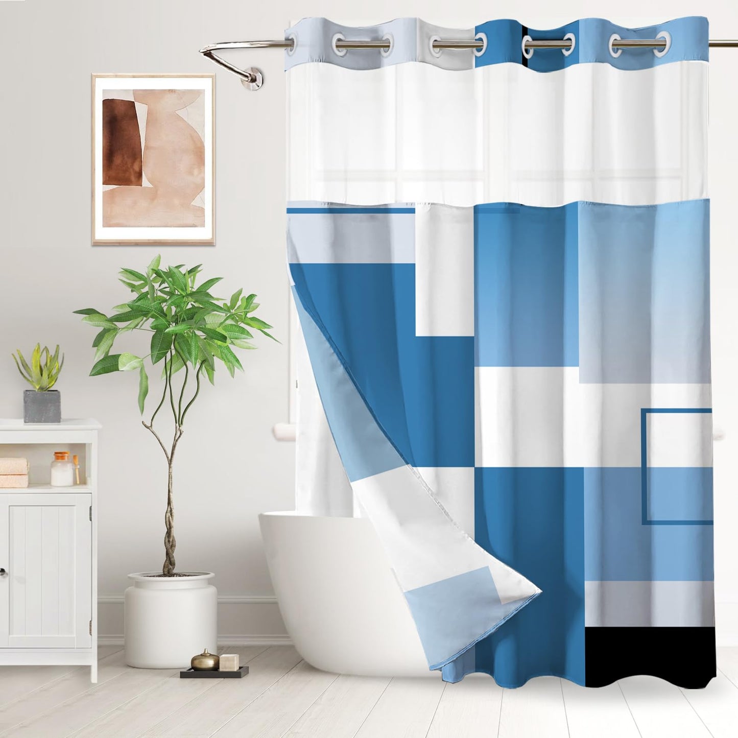Blue Hookless Shower Curtain Set with Snap in Liner, Blue White Bathroom Decor, 71x74 Inches, Geometric Bathroom Curtain with Liner and See Through Top Window