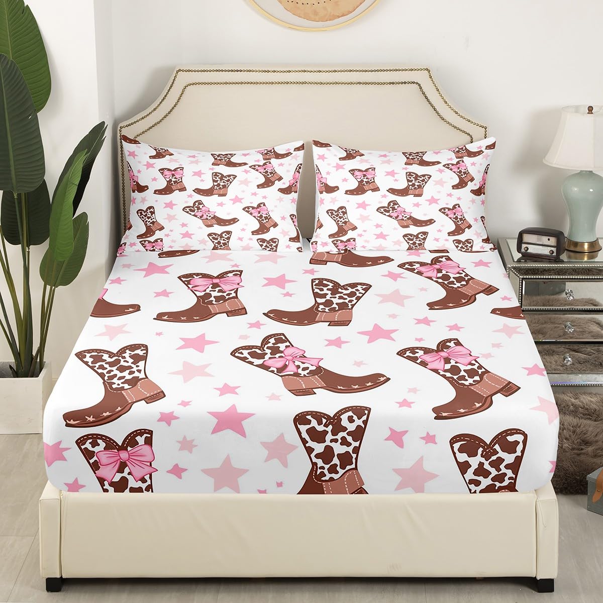 Feelyou Kids Full Size Pink Cowgirl Bed Sheet Set - Cowboy Boots Fitted Sheet, Cute Stars Print Bedding, Kids Boys Girls Kawaii Bed Cover, Lightweight (No Flat Sheet)