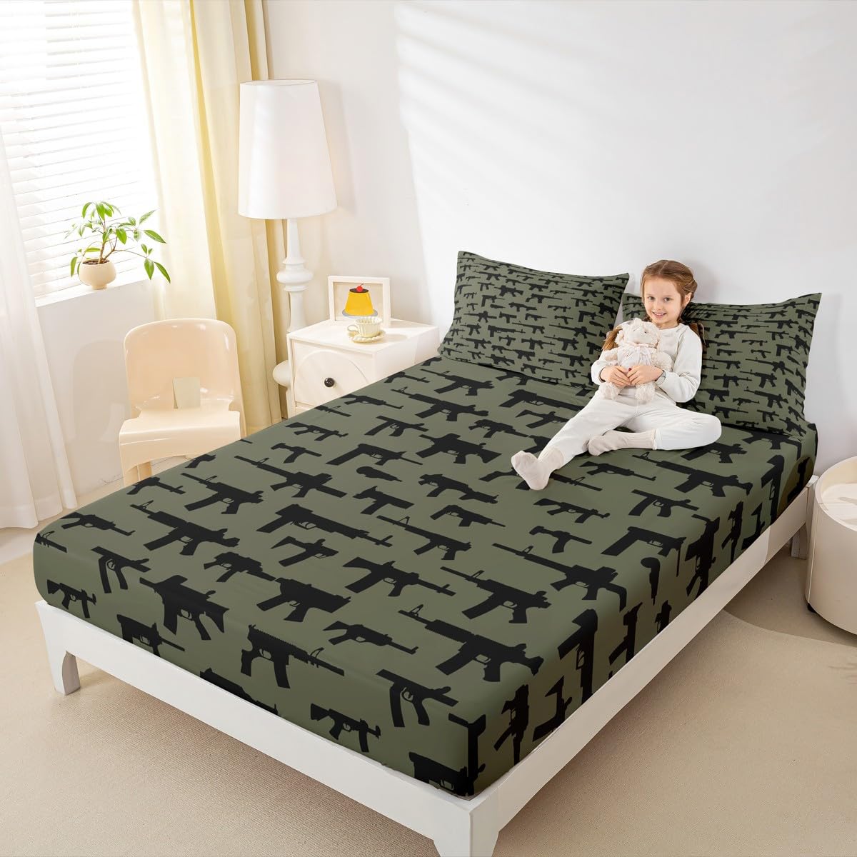 Erosebridal Machine Guns Bed Sheet Set King Size for Boys Teens Men Bedroom Military Theme Bedding Sets,Army Rifle Pattern Fitted Sheet & Flat Sheet Soft Microfiber Sheet Set 3 Piece Army Green