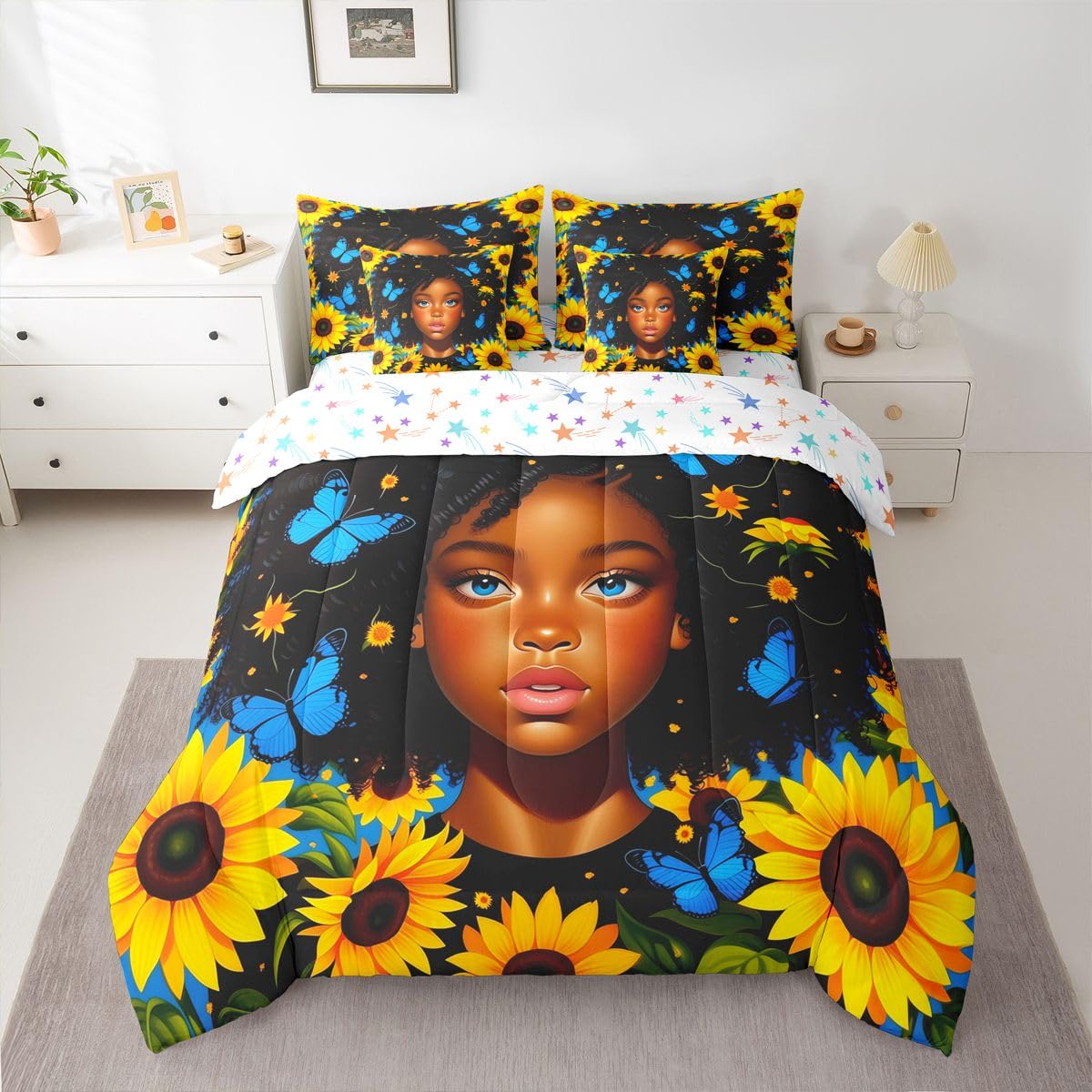 Erosebridal Cute Black Girls Queen Bedding Set Pretty Sunflower Comforter Set with Flat and Fitted Sheet Teen Kids Coquette Blue Butterfly 7-Piece Bed in a Bag Aesthetic Watercolor Floral Quilt Sets