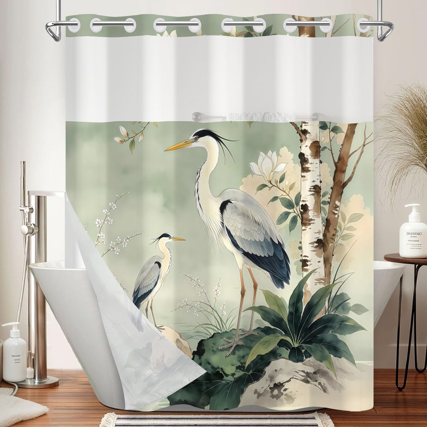 Xiazhilaio Zen Crane No Hook Shower Curtain with Snap in Liner, 71x74 Inch