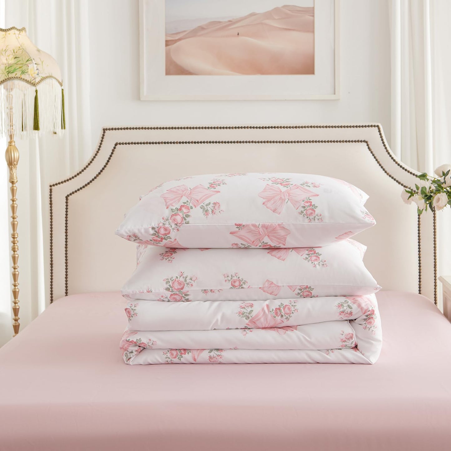 Nayoroom Pink Bow Comforter Set Queen Size Pink Floral Bed Comforter for Girls 3 Pieces Soft Lightweight Kids Cute Coquette Bedding Set for All Seasons