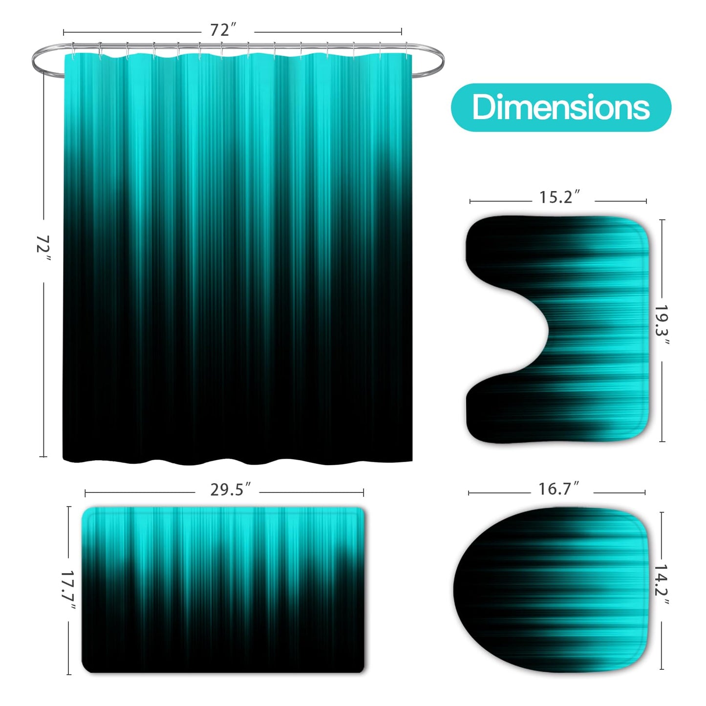 Litabel 4 Pcs Teal and Black Gradient Shower Curtain Set with Rugs and Toilet Lid Cover, Modern Simple Waterproof Fabric Bathroom Set, Ombre Stripe Gothic Abstract Bathroom Decor Set Accessories