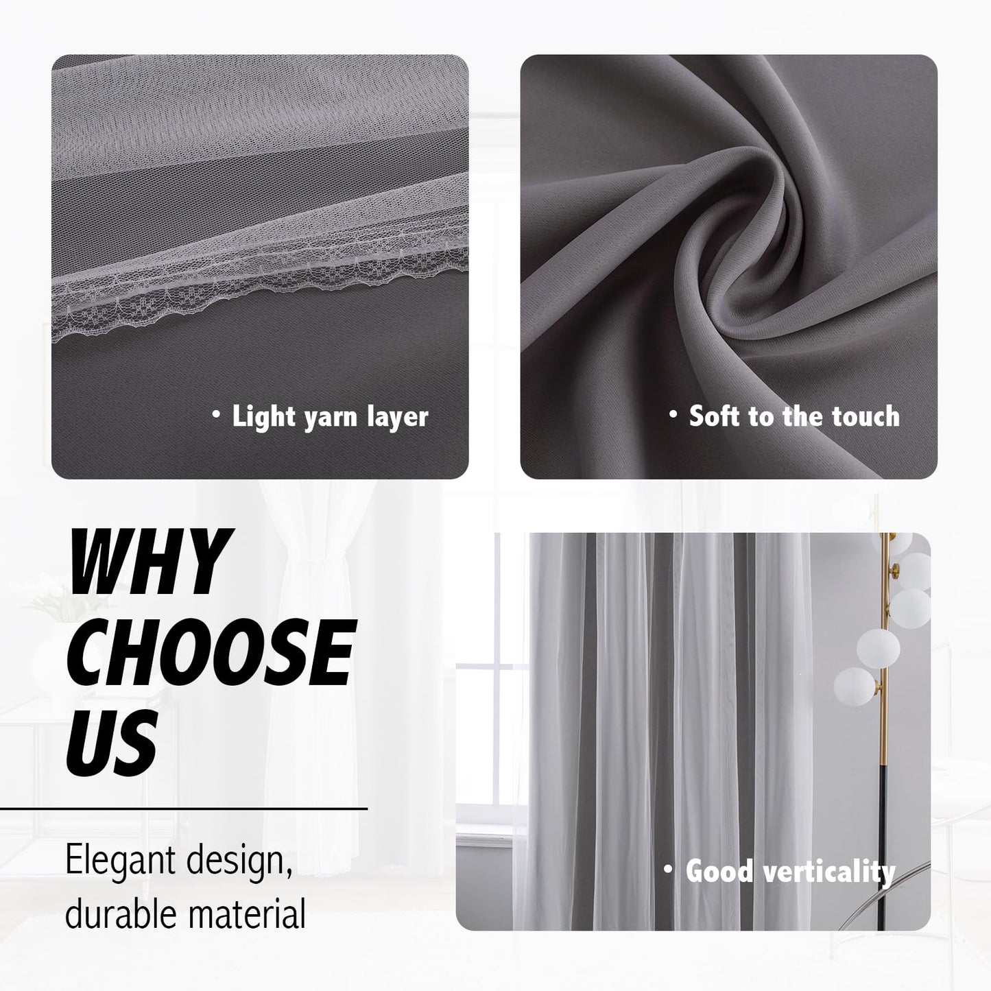 Anytime Home Curtains Blackout and Sheer Layered Solid Window Curtain Panel Pair with Grommet Top, 52Wx63L,Grey
