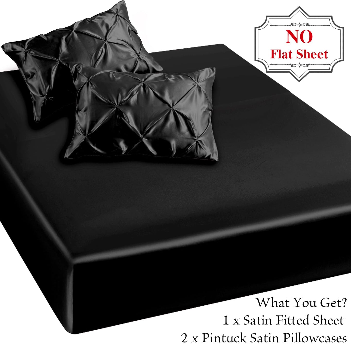 P Pothuiny 3-Piece Set Pintuck Satin Pillowcases & Twin Fitted Sheet, Black Satin Sheet Silky Soft Luxury Romantic Pinch Pleated Bedding Bedroom Dorm Decor, 15 Inch Deep Pocket