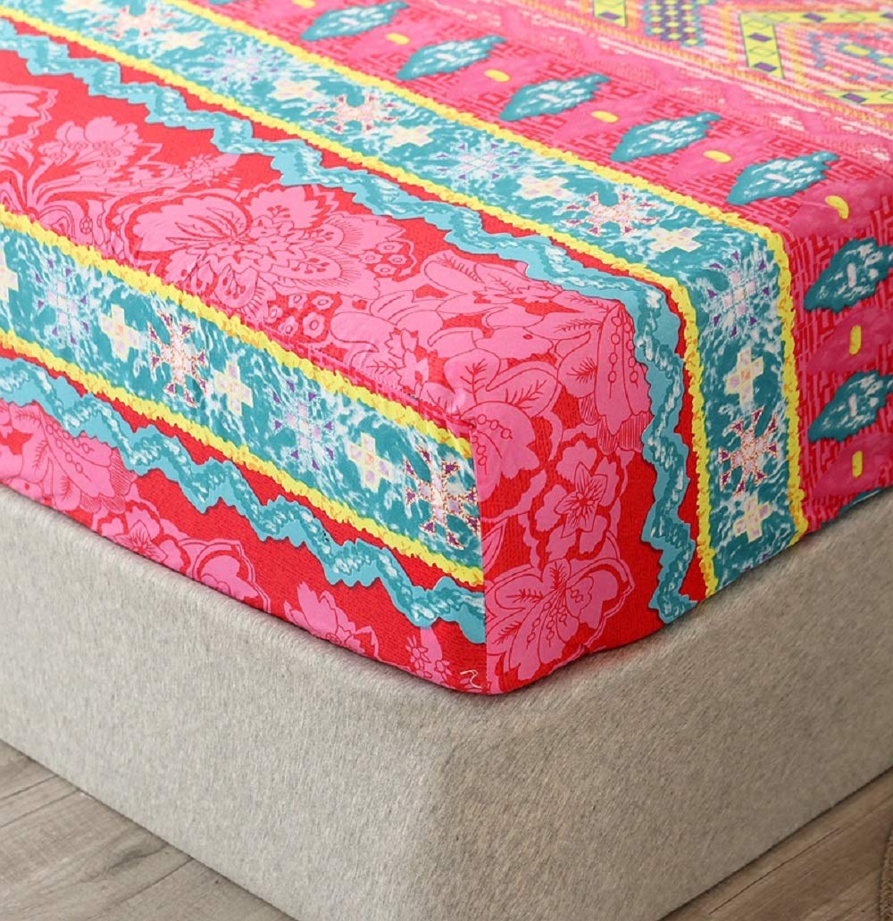 Bedding Fitted Sheet with Deep Pocket,Bohemian Printed Soft Fabric Bed Bottom Sheets (Red(Boho), Queen)