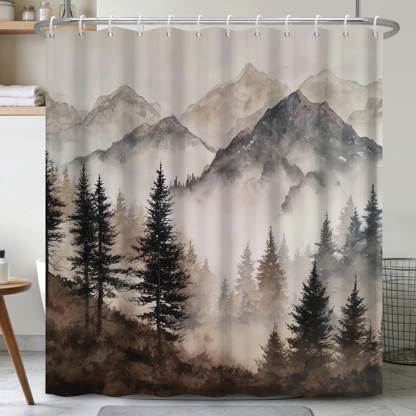 Xiazhilaio Mountain Mist Forest Shower Curtain with Rings – 71x74 Inch Waterproof Fabric Bath Curtain with Hooks, Nature Landscape Scenic Bathroom Curtain for Rustic Cabin Style Home Accent