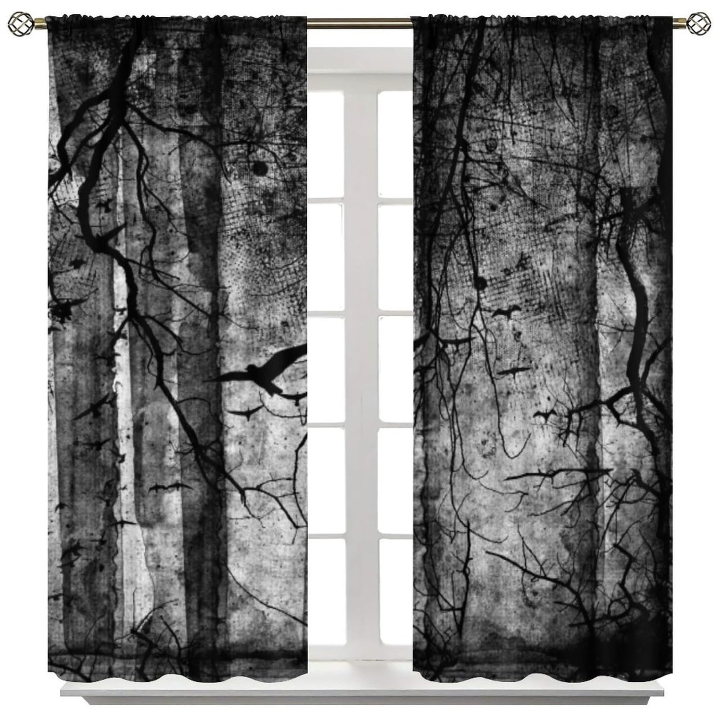 Gothic Crow Curtains,Abstract Black Birds Raven Dark Halloween Window Treatments for Bedroom Living Room Kitchen Window Drapes 2 Panel Set,Total Size 42 x 45 Inch