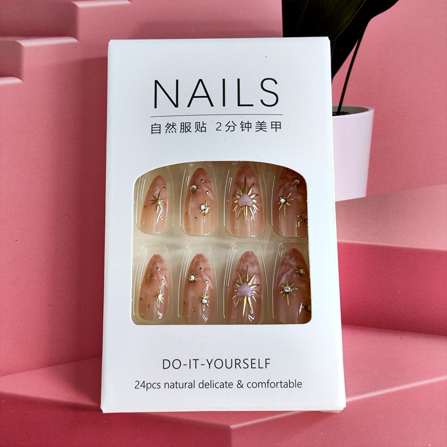 Gold Press on Nails Medium Almond Fake Nails with 3D Star Sun Heart Rhinestones Designs Gradient Glue on Nail Reusable Artificial Acrylic Full Cover Stick on False Nail for Women 24 Pcs