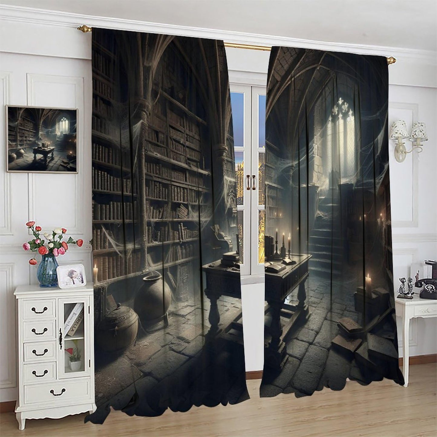 Nsbul Gothic Library Curtains, Mysterious Halloween Spooky Bookshelf Webs Dark Decor Window Treatment for Bedroom Living Room Festive Holiday, 42" W X 45" L(No Blackout)