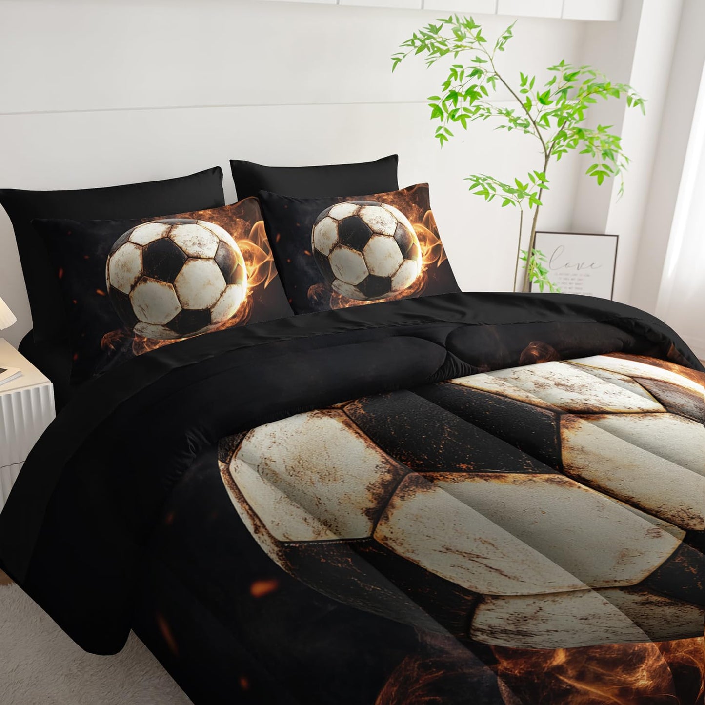 XYNHML Soccer Print Comforter 7Pcs Gaming Sport Flame Soccer Bedding Set for Kid Teen Girl Boy Adult Sports White Black Football Quilt Bed Set Twin with 2 Sheets,2 Pillowcases,2 Throw Pillow Covers
