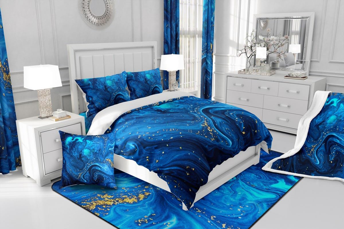 Erosebridal Ombre Blue Marble Queen Comforter Set, Black and Blue Marble Bedding Set for Men Teens Boys, Modern Golden Glitter Down Comforter, Watercolor Tie Dye Art Duvet Insert, Ocean Blue 3Pcs