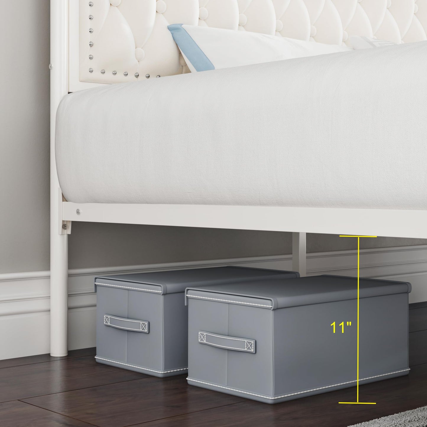 Keyluv Full Upholstered Canopy Bed Frame with 2 Storage Drawers & Button Tufted Headboard, Metal Platform Bed with 4 Removable Posts, Two-Purpose Velvet Bed, Beige/Curtain Not Included