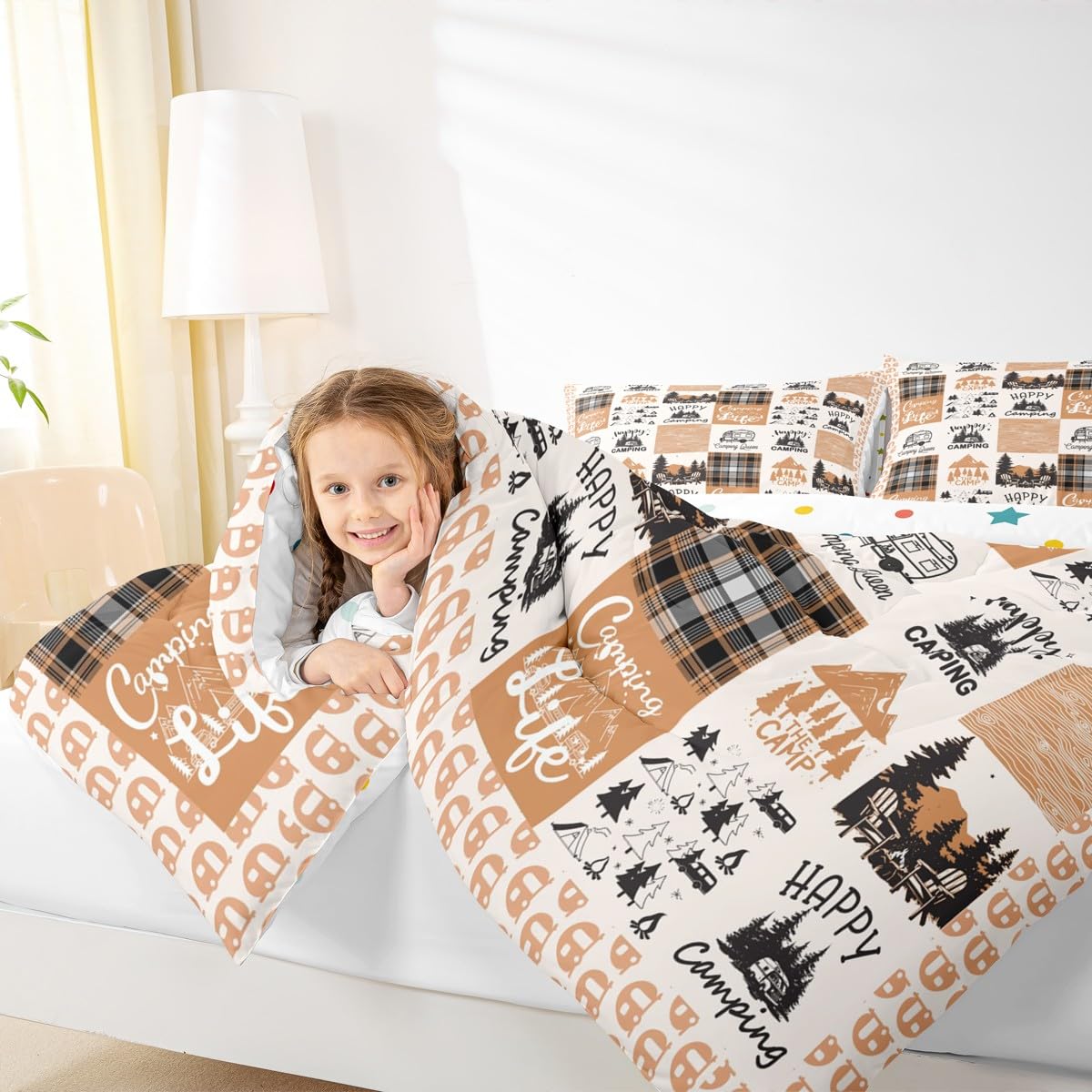 Erosebridal Happy Camping Bedding Set for Kids Kawaii Camper Comforter Set, Camping Adventure Duvet Insert Orange White Patchwork Quilt Comforter, Cartoon RV Car Bedding Comforters & Sets Breathable