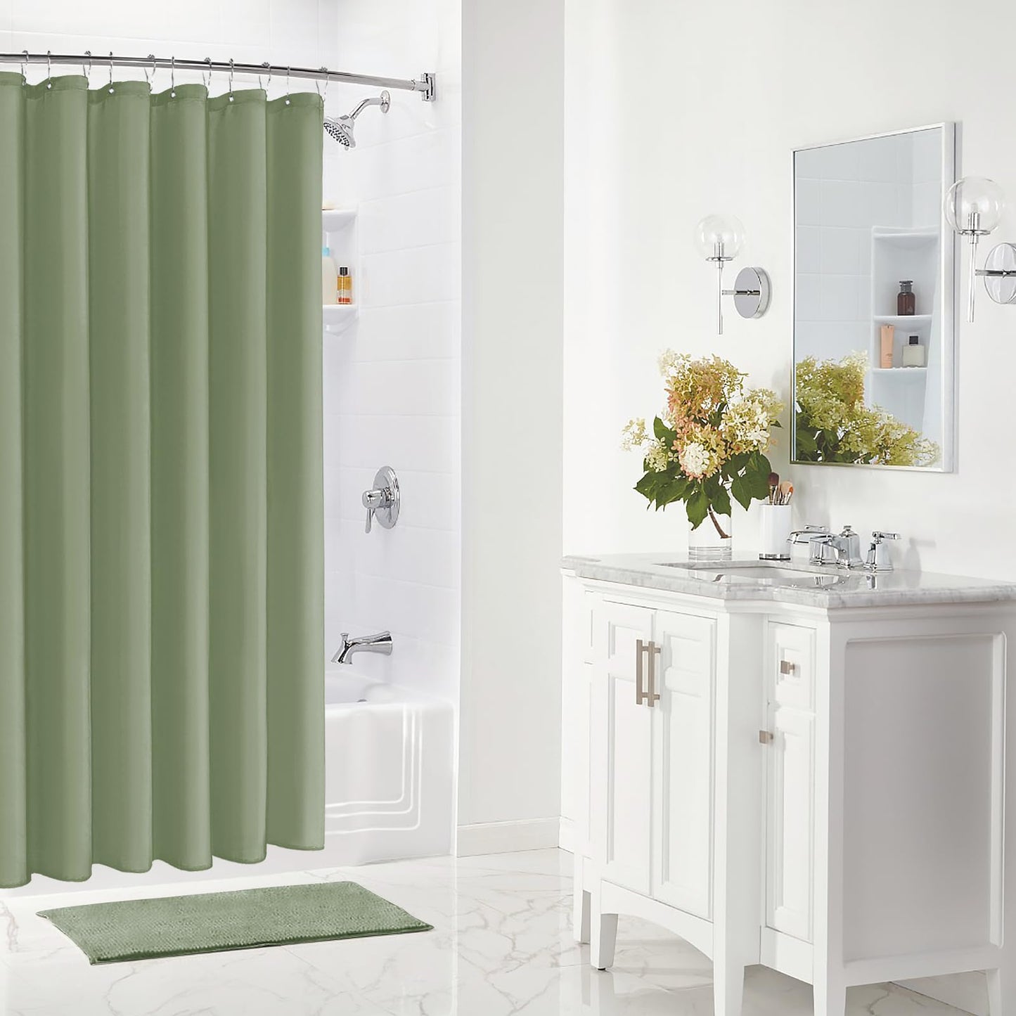 Gibelle Sage Green Fabric Shower Curtain or Liner, 72x72 Waterproof Shower Curtain Liner for Bathroom with Metal Grommets, Soft Cloth & Hotel Quality, Machine Washable